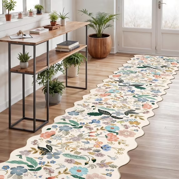 YOUFORTONG 2x6 Washable Runner Rug, Non Slip Floral Vintage Scalloped Low Pile Carpet, Stain Resistant Soft Thin Rug for Entryway Kitchen Laundry Bedroom Bathroom,Beige