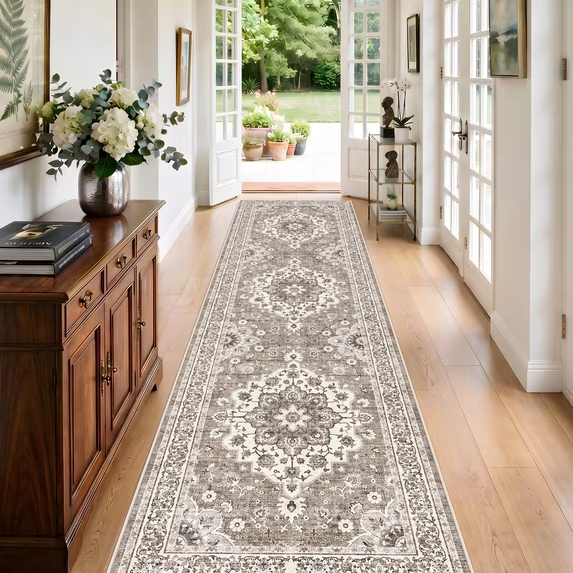 YOUFORTONG 5x7 Washable Vintage Boho Area Rug,Stain Resistant Non-Slip Soft Floral Carpet for Living Room Bedroom Farmhouse Office, Beige