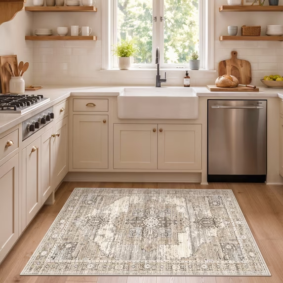 YOUFORTONG 12x12 Washable Area Rug,Extra Large Vintage Indoor Carpet with Non Slip Backing,Stain Resistant Soft Rug for Bedroom Dining Room Living Room Home Decor,Beige