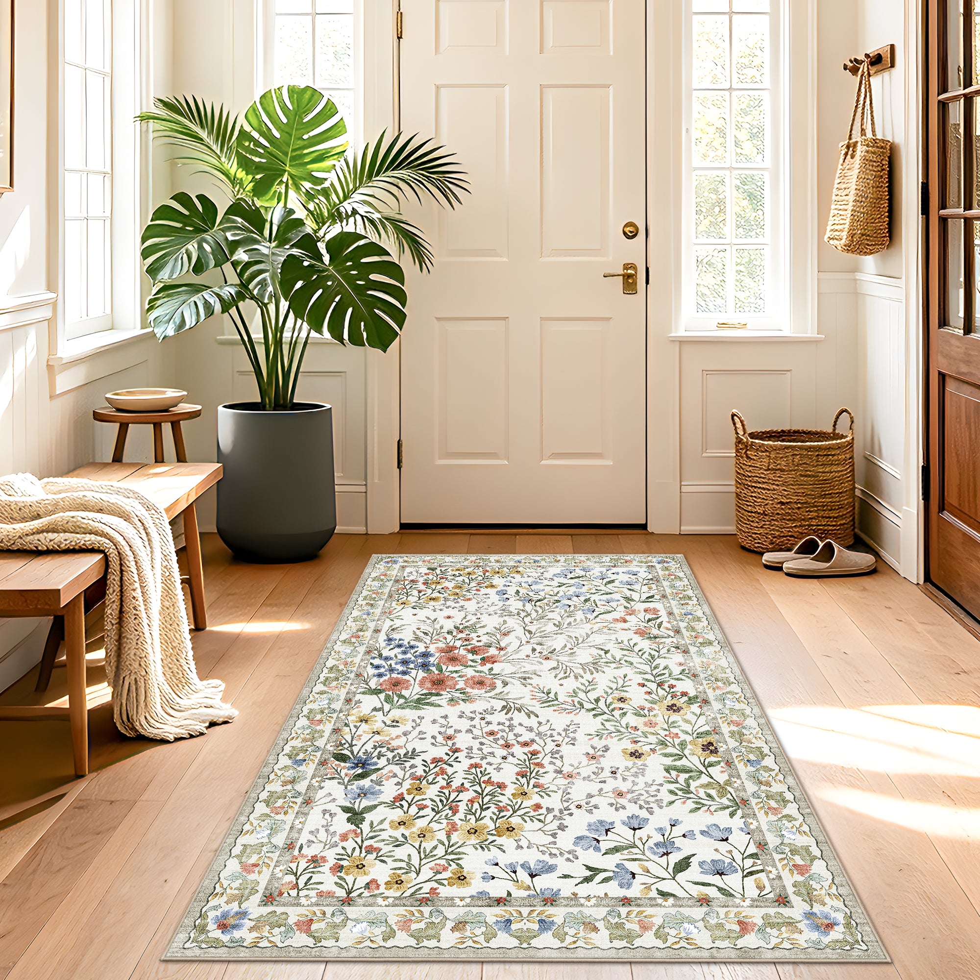 YOUFORTONG 3x5 Washable Entryway Rug Non-Slip Floral Boho Vintage Area Rug for Living Room Kitchen Bedroom Soft Thin Indoor Door Mat Carpet,Black