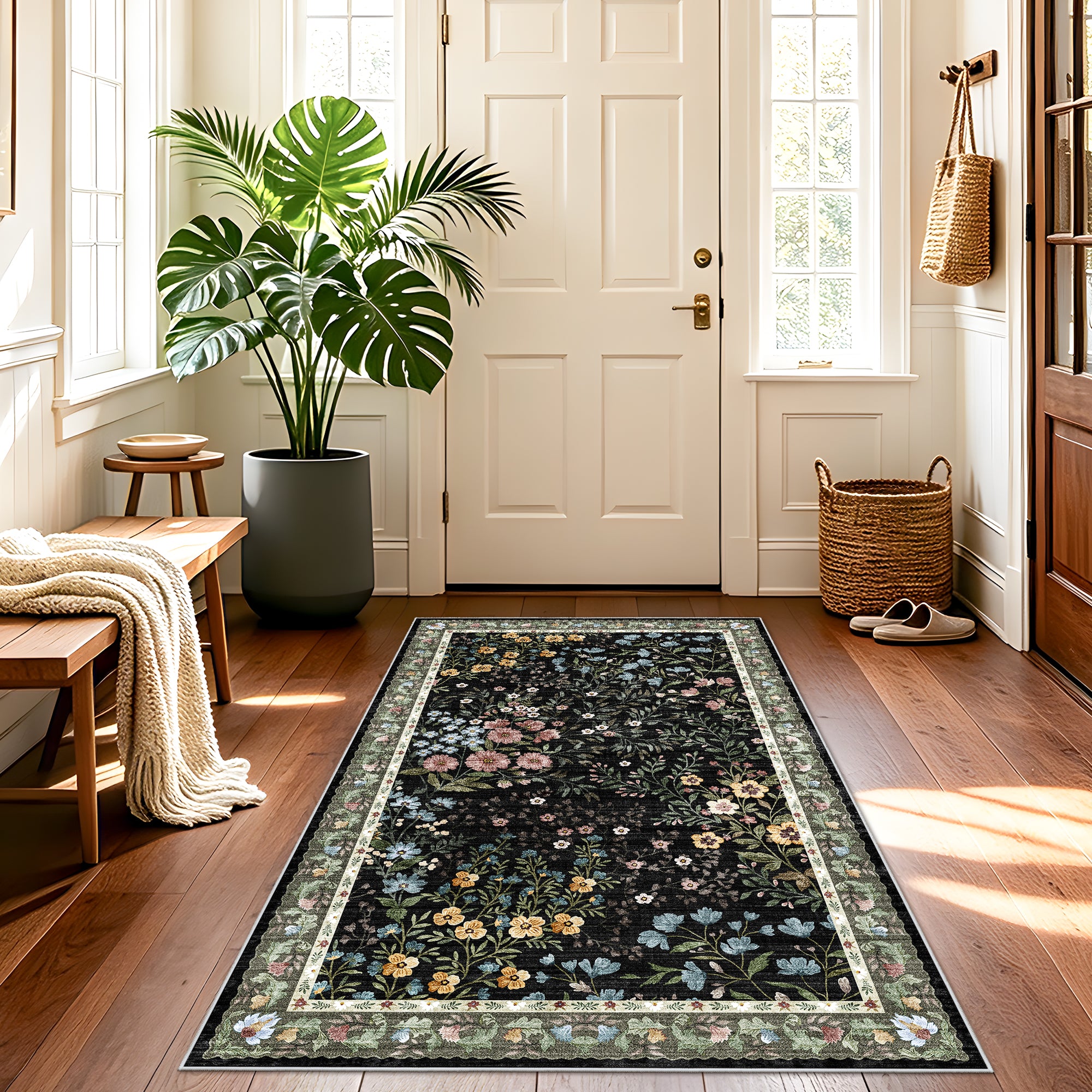 YOUFORTONG 3x5 Washable Entryway Rug Non-Slip Floral Boho Vintage Area Rug for Living Room Kitchen Bedroom Soft Thin Indoor Door Mat Carpet,Black