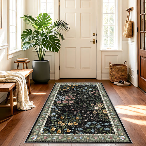 YOUFORTONG 3x5 Washable Entryway Rug Non-Slip Floral Boho Vintage Area Rug for Living Room Kitchen Bedroom Soft Thin Indoor Door Mat Carpet,Black