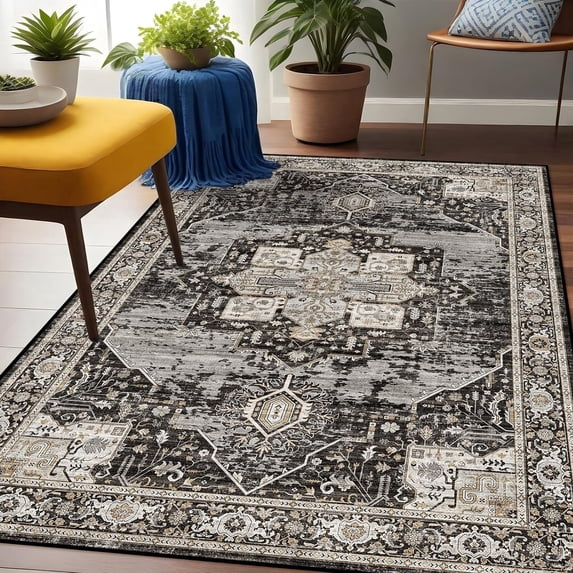YOUFORTONG 12x12 Washable Area Rug,Extra Large Vintage Indoor Carpet with Non Slip Backing,Stain Resistant Soft Rug for Bedroom Dining Room Living Room Home Decor,Beige