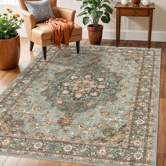 YOUFORTONG 5x7 Washable Vintage Boho Area Rug,Stain Resistant Non-Slip Soft Floral Carpet for Living Room Bedroom Farmhouse Office, Beige