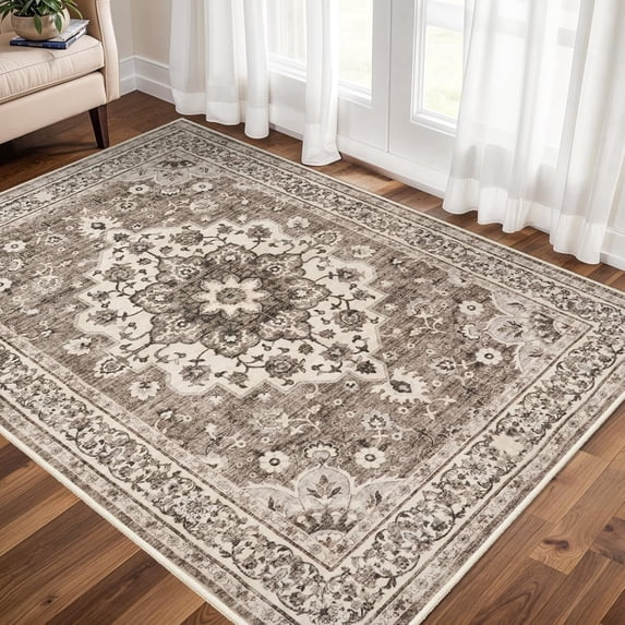 YOUFORTONG 5x7 Washable Vintage Boho Area Rug,Stain Resistant Non-Slip Soft Floral Carpet for Living Room Bedroom Farmhouse Office, Beige