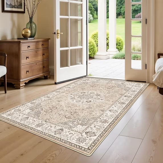 YOUFORTONG 4x6 Area Rug for Living Room, Vintage Farmhouse Washable Indoor Carpet, Non Slip Ultra Soft Low Pile Durable Neutral Rug for Bedroom Dining Room Nursery Kitchen,Beige