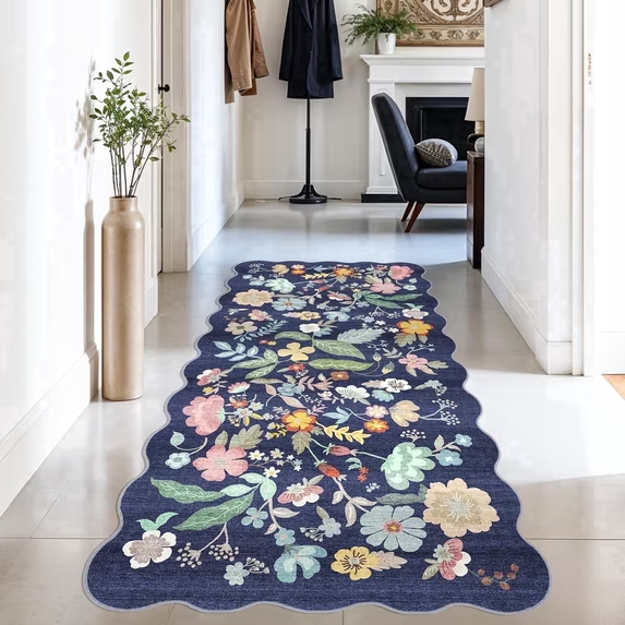 YOUFORTONG 2x6 Washable Runner Rug, Non Slip Floral Vintage Scalloped Low Pile Carpet, Stain Resistant Soft Thin Rug for Entryway Kitchen Laundry Bedroom Bathroom,Beige