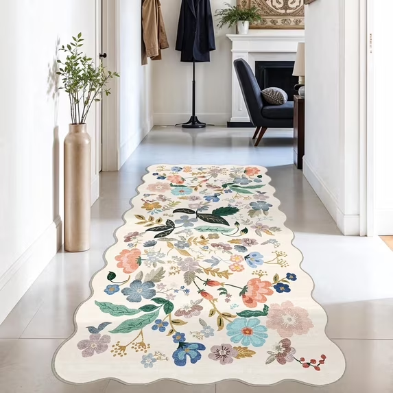 YOUFORTONG 2x6 Washable Runner Rug, Non Slip Floral Vintage Scalloped Low Pile Carpet, Stain Resistant Soft Thin Rug for Entryway Kitchen Laundry Bedroom Bathroom,Beige