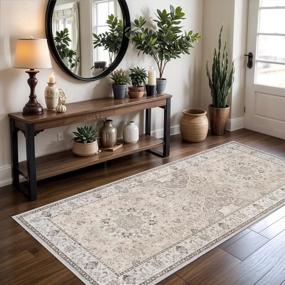 YOUFORTONG 4x6 Area Rug for Living Room, Vintage Farmhouse Washable Indoor Carpet, Non Slip Ultra Soft Low Pile Durable Neutral Rug for Bedroom Dining Room Nursery Kitchen,Beige