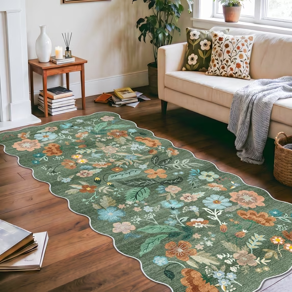 YOUFORTONG 2x6 Washable Runner Rug, Non Slip Floral Vintage Scalloped Low Pile Carpet, Stain Resistant Soft Thin Rug for Entryway Kitchen Laundry Bedroom Bathroom,Beige