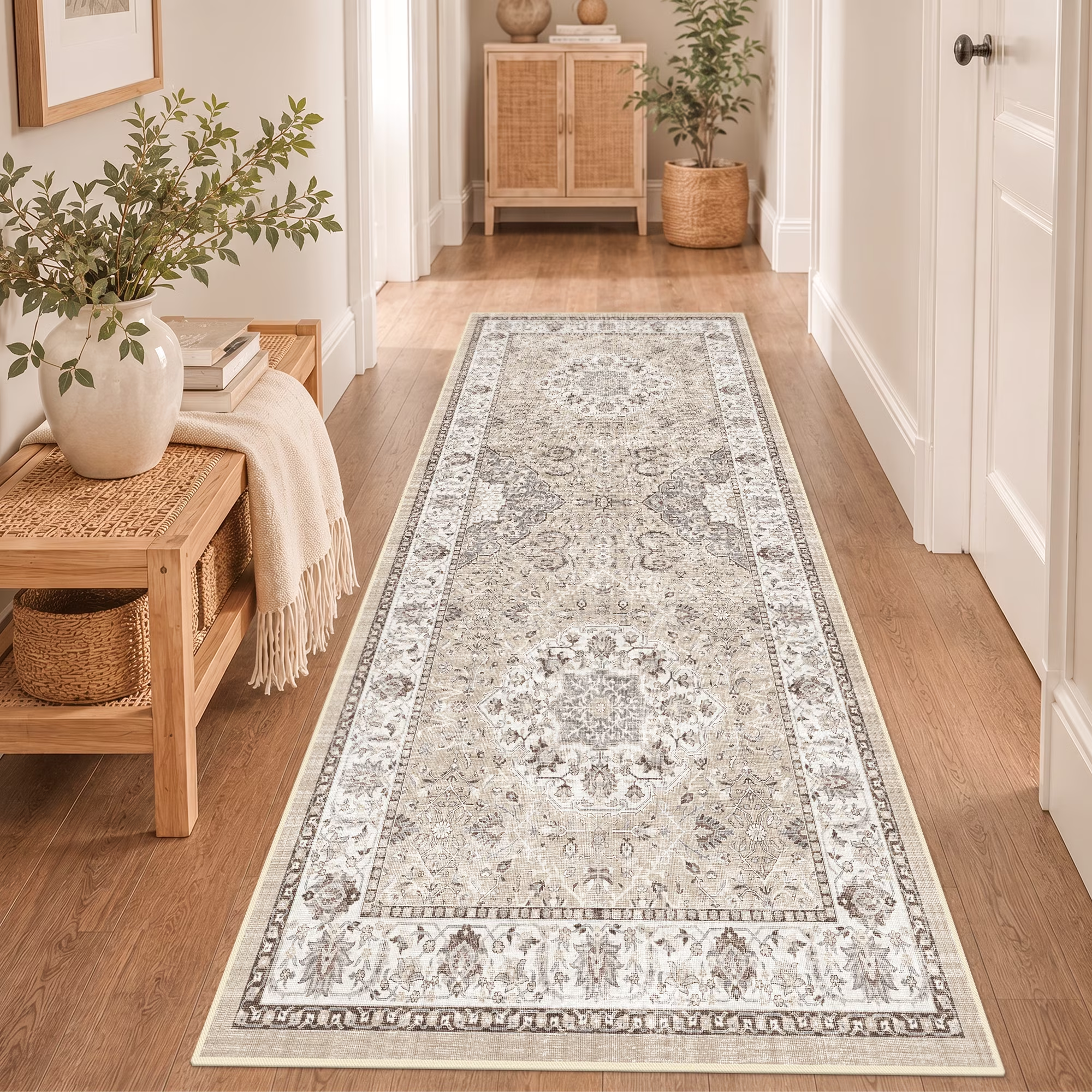 YOUFORTONG 4x6 Area Rug for Living Room, Vintage Farmhouse Washable Indoor Carpet, Non Slip Ultra Soft Low Pile Durable Neutral Rug for Bedroom Dining Room Nursery Kitchen,Beige