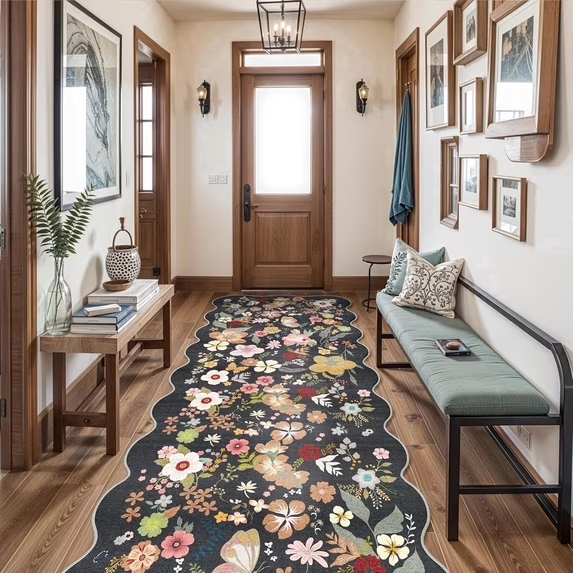 YOUFORTONG 2x6 Washable Runner Rug, Non Slip Floral Vintage Scalloped Low Pile Carpet, Stain Resistant Soft Thin Rug for Entryway Kitchen Laundry Bedroom Bathroom,Beige