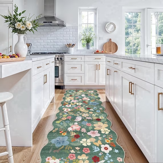 YOUFORTONG 2x6 Washable Runner Rug, Non Slip Floral Vintage Scalloped Low Pile Carpet, Stain Resistant Soft Thin Rug for Entryway Kitchen Laundry Bedroom Bathroom,Beige