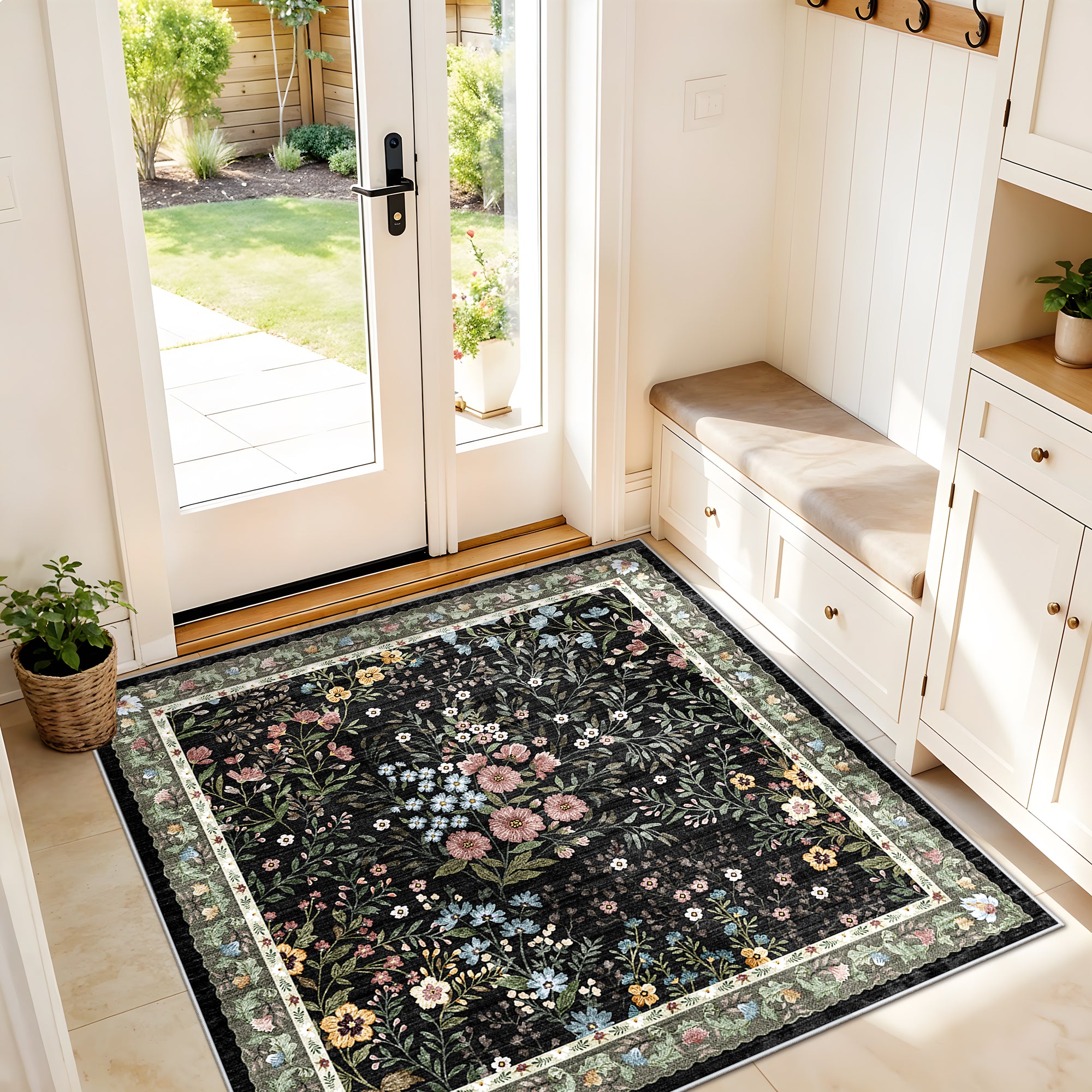 YOUFORTONG 3x5 Washable Entryway Rug Non-Slip Floral Boho Vintage Area Rug for Living Room Kitchen Bedroom Soft Thin Indoor Door Mat Carpet,Black