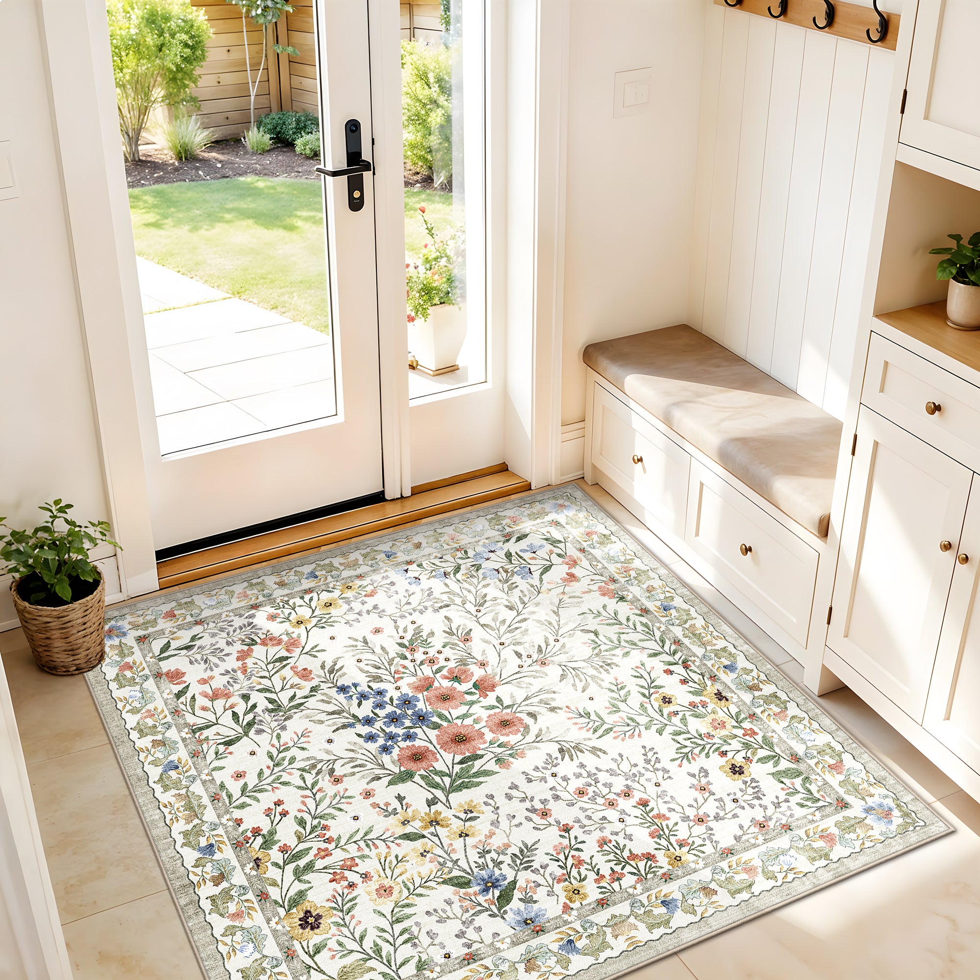 YOUFORTONG 3x5 Washable Entryway Rug Non-Slip Floral Boho Vintage Area Rug for Living Room Kitchen Bedroom Soft Thin Indoor Door Mat Carpet,Black