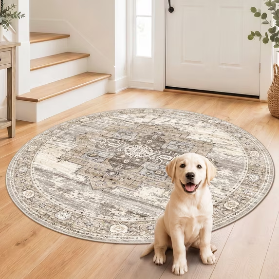 YOUFORTONG 12x12 Washable Area Rug,Extra Large Vintage Indoor Carpet with Non Slip Backing,Stain Resistant Soft Rug for Bedroom Dining Room Living Room Home Decor,Beige