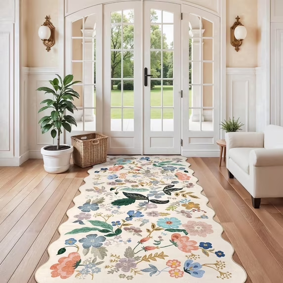 YOUFORTONG 2x6 Washable Runner Rug, Non Slip Floral Vintage Scalloped Low Pile Carpet, Stain Resistant Soft Thin Rug for Entryway Kitchen Laundry Bedroom Bathroom,Beige