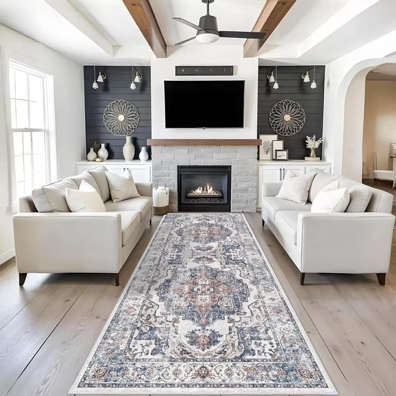 YOUFORTONG 4x6 Area Rug for Living Room, Vintage Farmhouse Washable Indoor Carpet, Non Slip Ultra Soft Low Pile Durable Neutral Rug for Bedroom Dining Room Nursery Kitchen,Beige