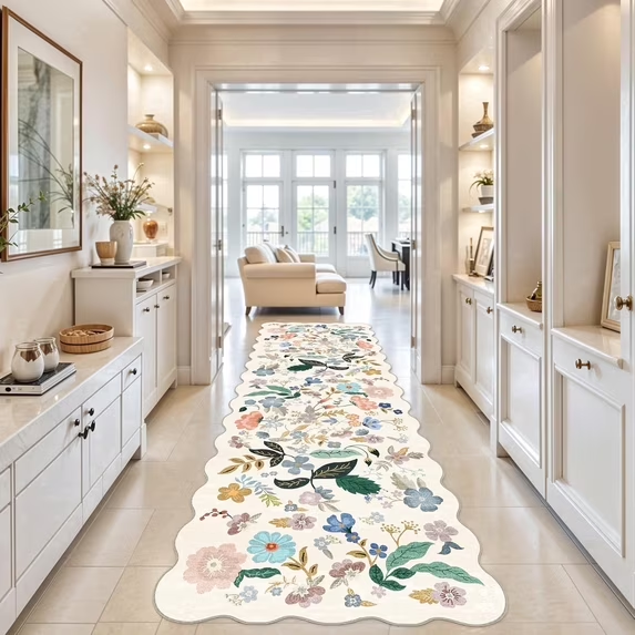 YOUFORTONG 2x6 Washable Runner Rug, Non Slip Floral Vintage Scalloped Low Pile Carpet, Stain Resistant Soft Thin Rug for Entryway Kitchen Laundry Bedroom Bathroom,Beige