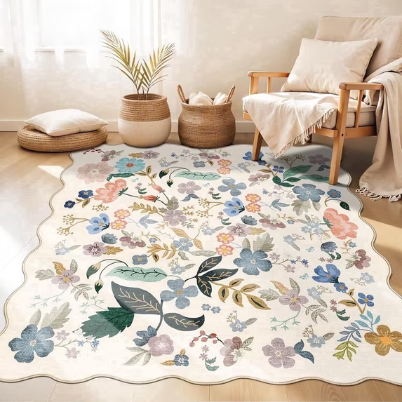 YOUFORTONG 2x6 Washable Runner Rug, Non Slip Floral Vintage Scalloped Low Pile Carpet, Stain Resistant Soft Thin Rug for Entryway Kitchen Laundry Bedroom Bathroom,Beige
