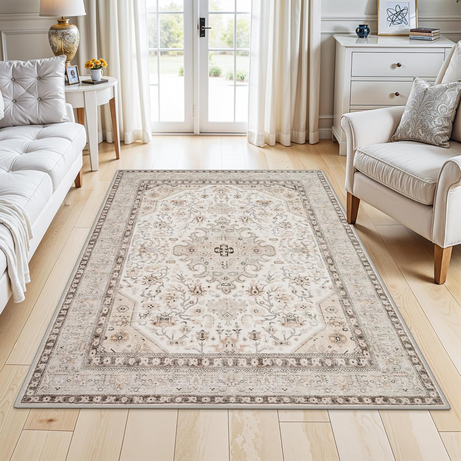 YOUFORTONG 4x5 Washable Entryway Area Rug, Non-Slip Oriental Farmhouse Low Pile Stain Resistant Thin Front Door Mat for Bathroom Kitchen,Ivory
