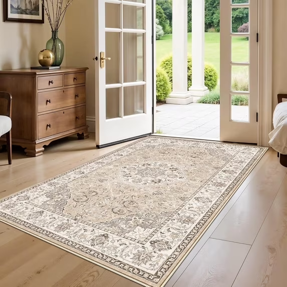 YOUFORTONG 4x6 Area Rug for Living Room, Vintage Farmhouse Washable Indoor Carpet, Non Slip Ultra Soft Low Pile Durable Neutral Rug for Bedroom Dining Room Nursery Kitchen,Beige