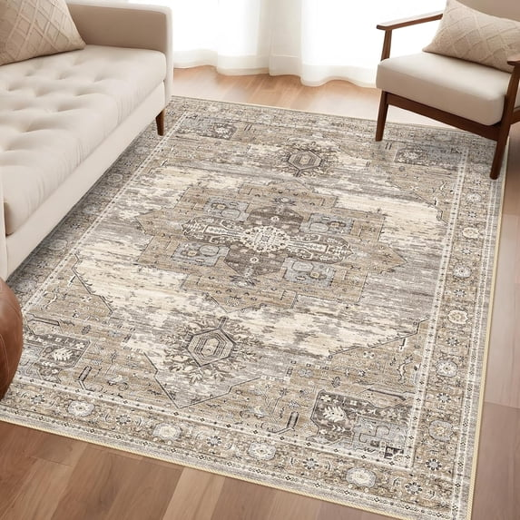 YOUFORTONG 12x12 Washable Area Rug,Extra Large Vintage Indoor Carpet with Non Slip Backing,Stain Resistant Soft Rug for Bedroom Dining Room Living Room Home Decor,Beige