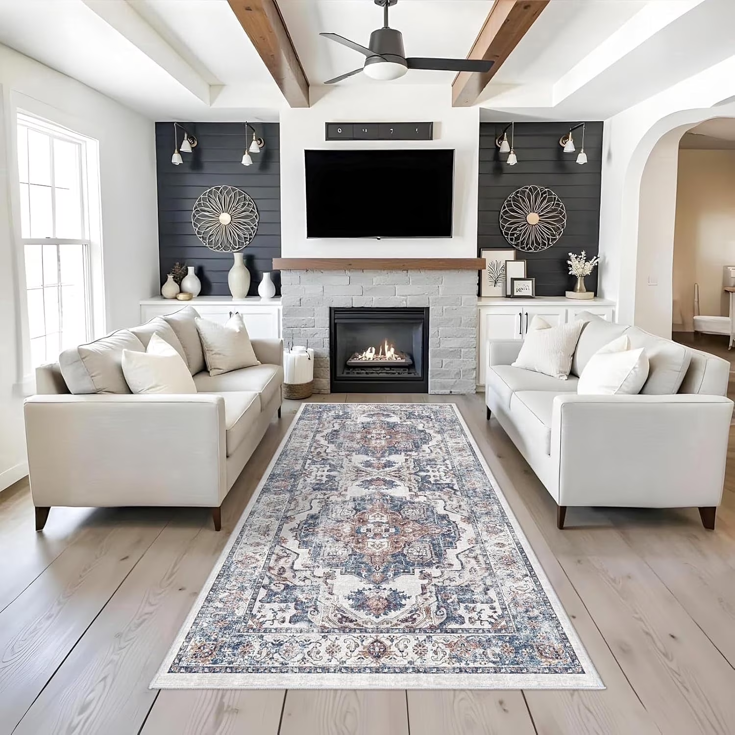 YOUFORTONG 4x6 Area Rug for Living Room, Vintage Farmhouse Washable Indoor Carpet, Non Slip Ultra Soft Low Pile Durable Neutral Rug for Bedroom Dining Room Nursery Kitchen,Beige