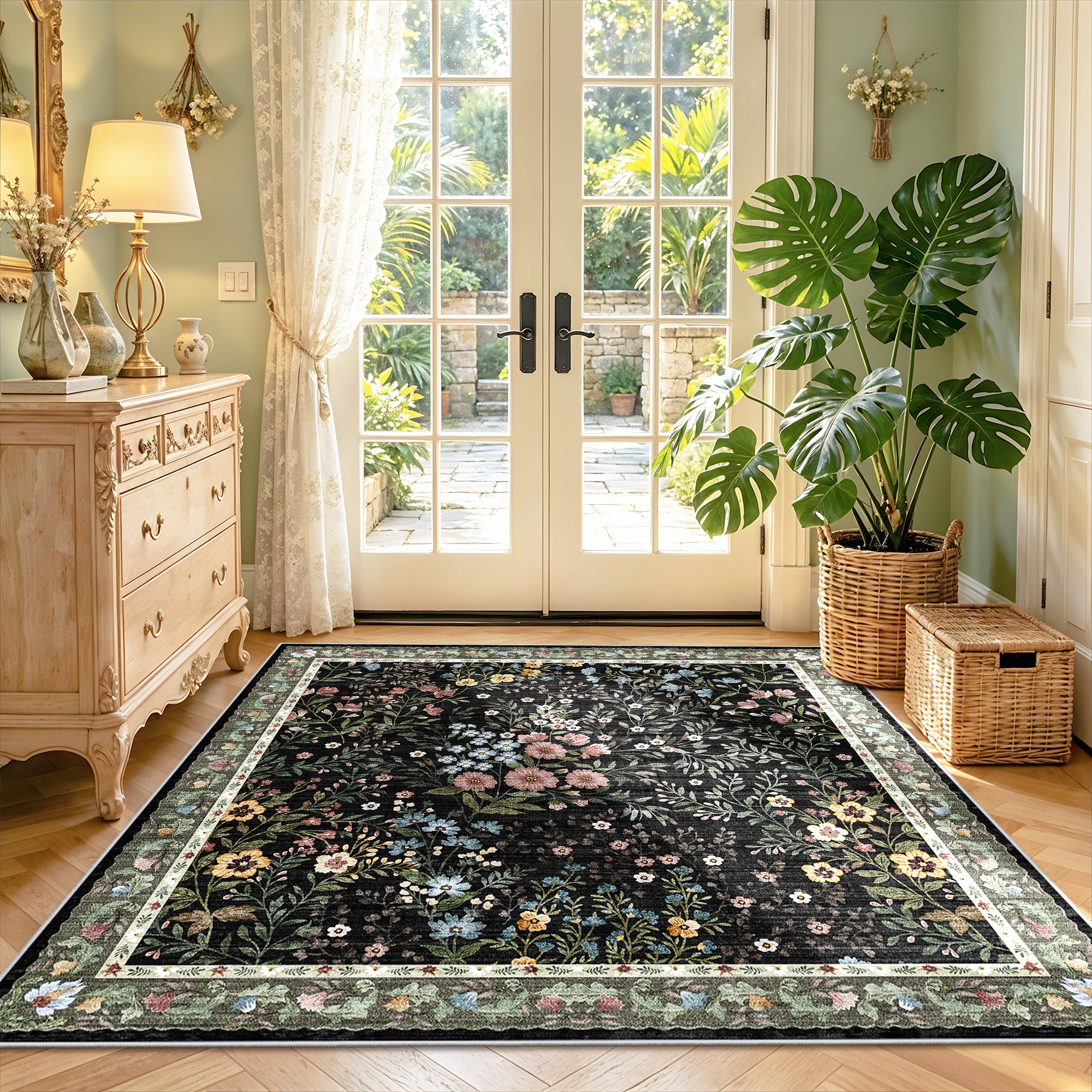 YOUFORTONG 3x5 Washable Entryway Rug Non-Slip Floral Boho Vintage Area Rug for Living Room Kitchen Bedroom Soft Thin Indoor Door Mat Carpet,Black