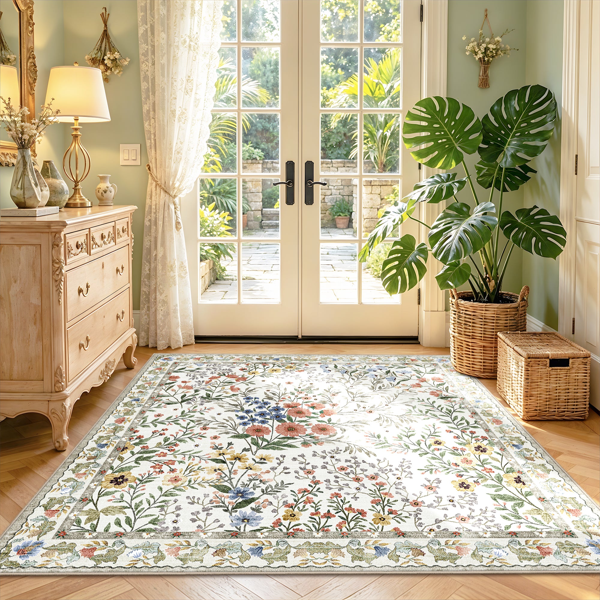 YOUFORTONG 3x5 Washable Entryway Rug Non-Slip Floral Boho Vintage Area Rug for Living Room Kitchen Bedroom Soft Thin Indoor Door Mat Carpet,Black
