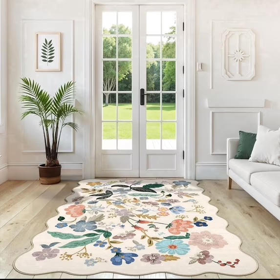 YOUFORTONG 2x6 Washable Runner Rug, Non Slip Floral Vintage Scalloped Low Pile Carpet, Stain Resistant Soft Thin Rug for Entryway Kitchen Laundry Bedroom Bathroom,Beige