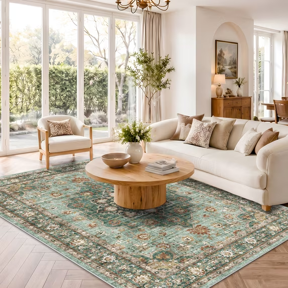 YOUFORTONG 5x7 Washable Vintage Boho Area Rug,Stain Resistant Non-Slip Soft Floral Carpet for Living Room Bedroom Farmhouse Office, Beige
