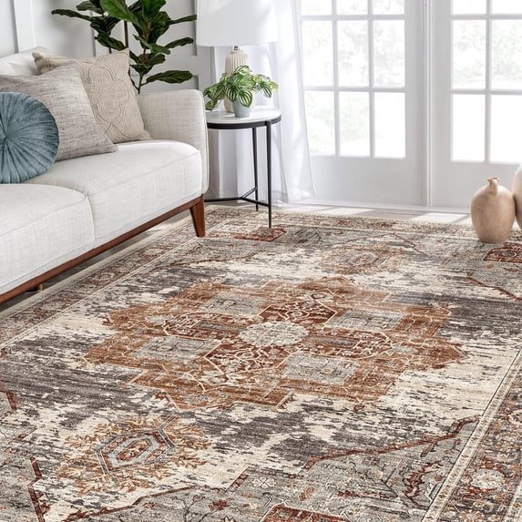 YOUFORTONG 12x12 Washable Area Rug,Extra Large Vintage Indoor Carpet with Non Slip Backing,Stain Resistant Soft Rug for Bedroom Dining Room Living Room Home Decor,Beige