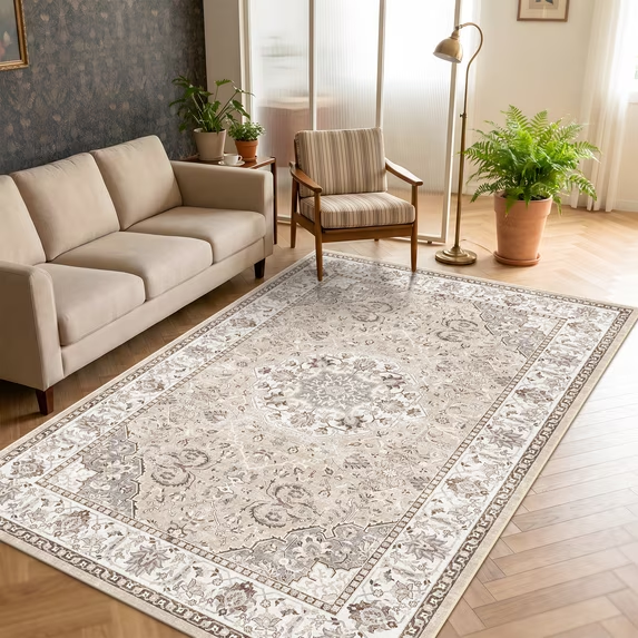 YOUFORTONG 4x6 Area Rug for Living Room, Vintage Farmhouse Washable Indoor Carpet, Non Slip Ultra Soft Low Pile Durable Neutral Rug for Bedroom Dining Room Nursery Kitchen,Beige