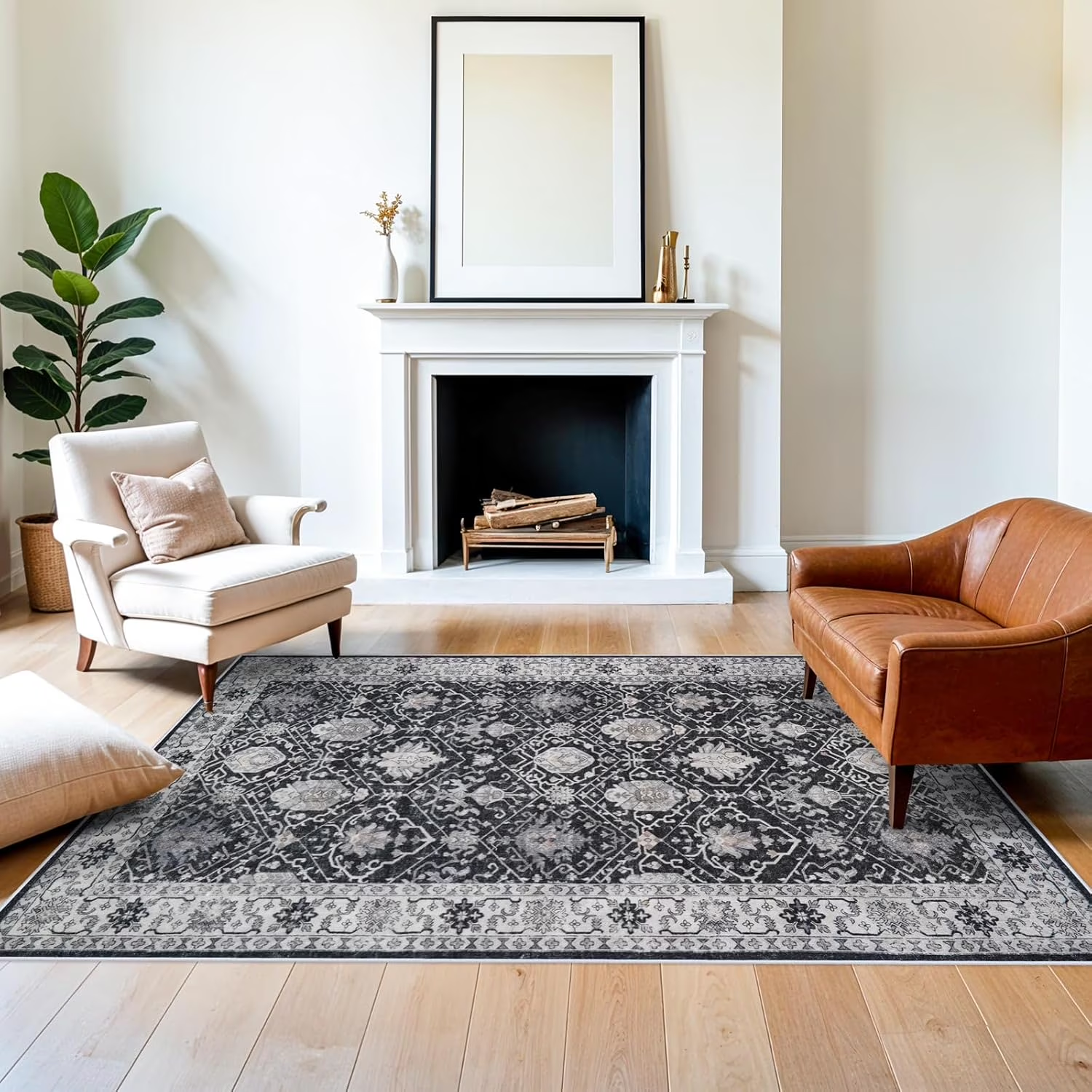 YOUFORTONG 4x6 Area Rug for Living Room, Vintage Farmhouse Washable Indoor Carpet, Non Slip Ultra Soft Low Pile Durable Neutral Rug for Bedroom Dining Room Nursery Kitchen,Beige