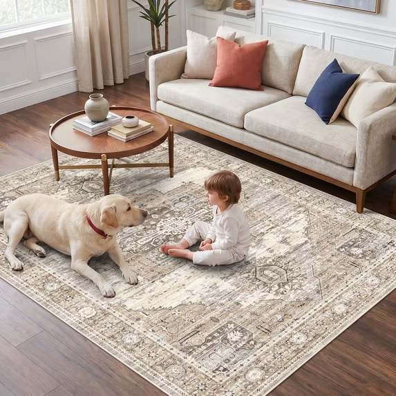 YOUFORTONG 12x12 Washable Area Rug,Extra Large Vintage Indoor Carpet with Non Slip Backing,Stain Resistant Soft Rug for Bedroom Dining Room Living Room Home Decor,Beige
