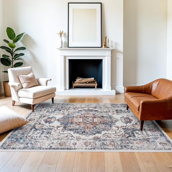 YOUFORTONG 4x6 Area Rug for Living Room, Vintage Farmhouse Washable Indoor Carpet, Non Slip Ultra Soft Low Pile Durable Neutral Rug for Bedroom Dining Room Nursery Kitchen,Beige