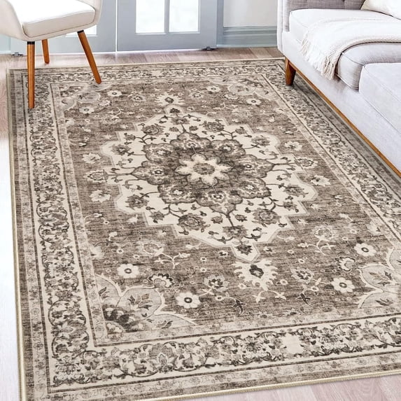 YOUFORTONG 5x7 Washable Vintage Boho Area Rug,Stain Resistant Non-Slip Soft Floral Carpet for Living Room Bedroom Farmhouse Office, Beige