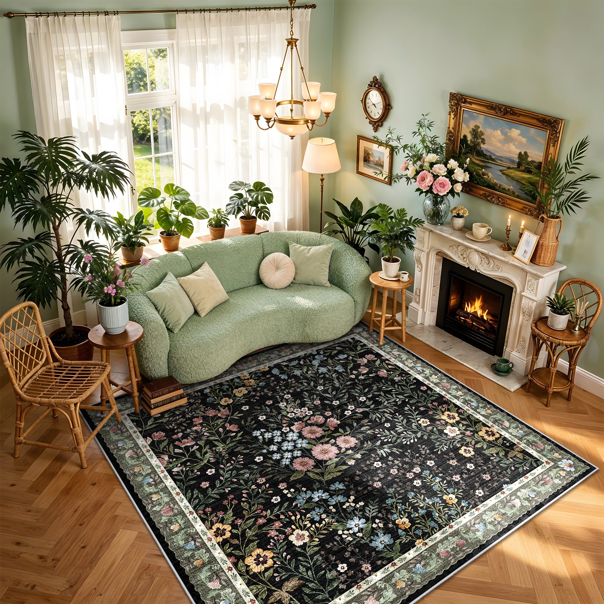 YOUFORTONG 3x5 Washable Entryway Rug Non-Slip Floral Boho Vintage Area Rug for Living Room Kitchen Bedroom Soft Thin Indoor Door Mat Carpet,Black