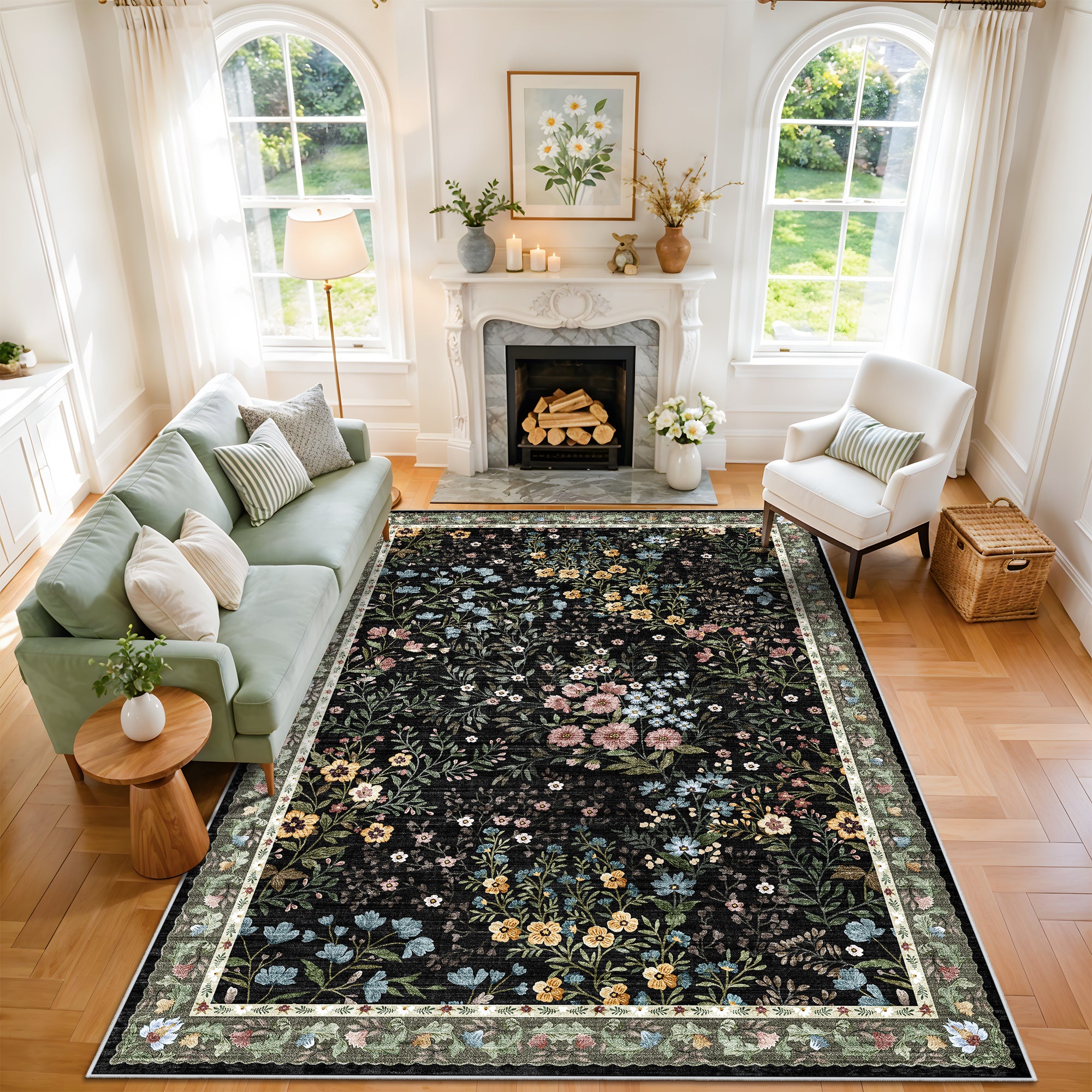 YOUFORTONG 3x5 Washable Entryway Rug Non-Slip Floral Boho Vintage Area Rug for Living Room Kitchen Bedroom Soft Thin Indoor Door Mat Carpet,Black