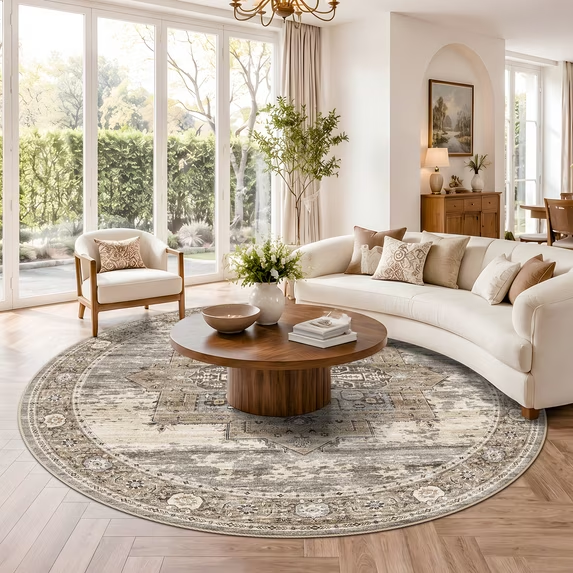 YOUFORTONG 12x12 Washable Area Rug,Extra Large Vintage Indoor Carpet with Non Slip Backing,Stain Resistant Soft Rug for Bedroom Dining Room Living Room Home Decor,Beige