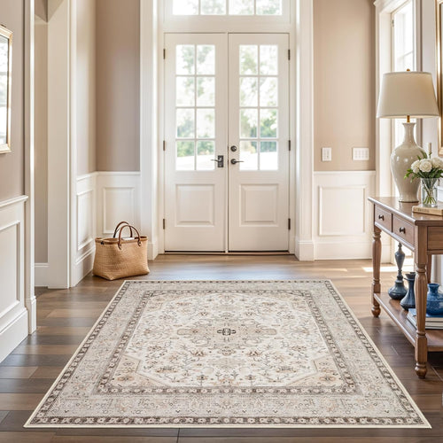 YOUFORTONG 4x5 Washable Entryway Area Rug, Non-Slip Oriental Farmhouse Low Pile Stain Resistant Thin Front Door Mat for Bathroom Kitchen,Ivory