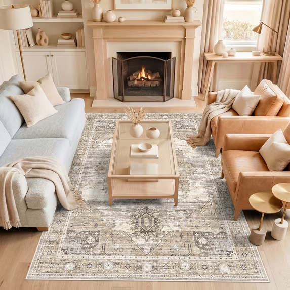 YOUFORTONG 12x12 Washable Area Rug,Extra Large Vintage Indoor Carpet with Non Slip Backing,Stain Resistant Soft Rug for Bedroom Dining Room Living Room Home Decor,Beige