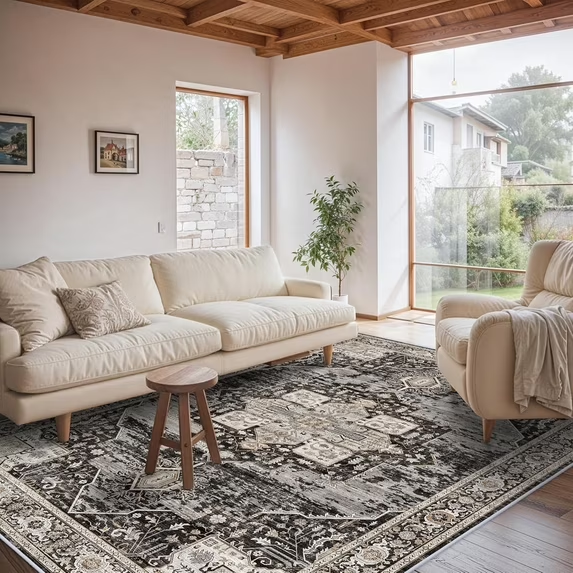 YOUFORTONG 12x12 Washable Area Rug,Extra Large Vintage Indoor Carpet with Non Slip Backing,Stain Resistant Soft Rug for Bedroom Dining Room Living Room Home Decor,Beige