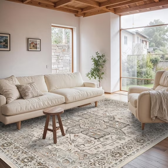 YOUFORTONG 12x12 Washable Area Rug,Extra Large Vintage Indoor Carpet with Non Slip Backing,Stain Resistant Soft Rug for Bedroom Dining Room Living Room Home Decor,Beige