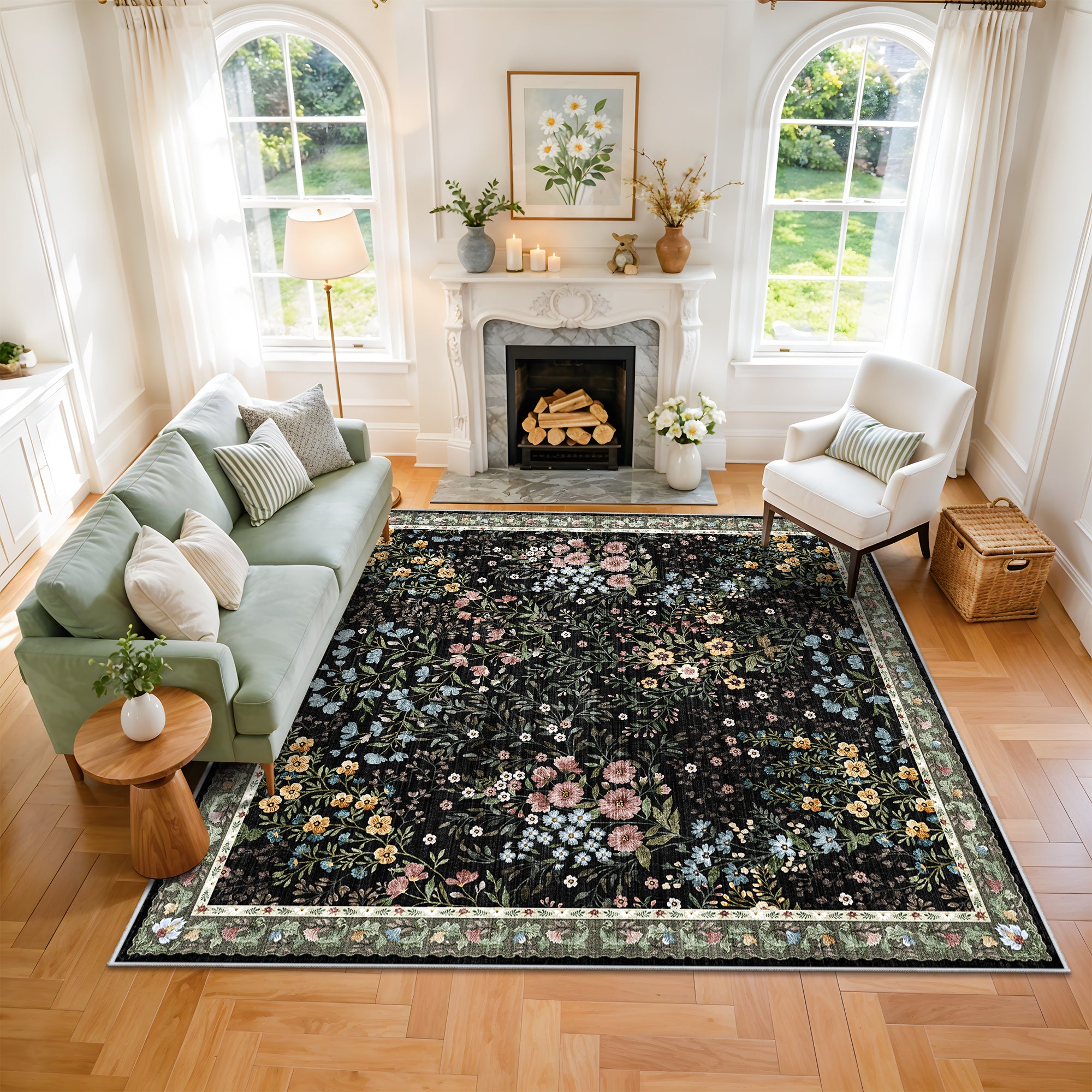 YOUFORTONG 3x5 Washable Entryway Rug Non-Slip Floral Boho Vintage Area Rug for Living Room Kitchen Bedroom Soft Thin Indoor Door Mat Carpet,Black