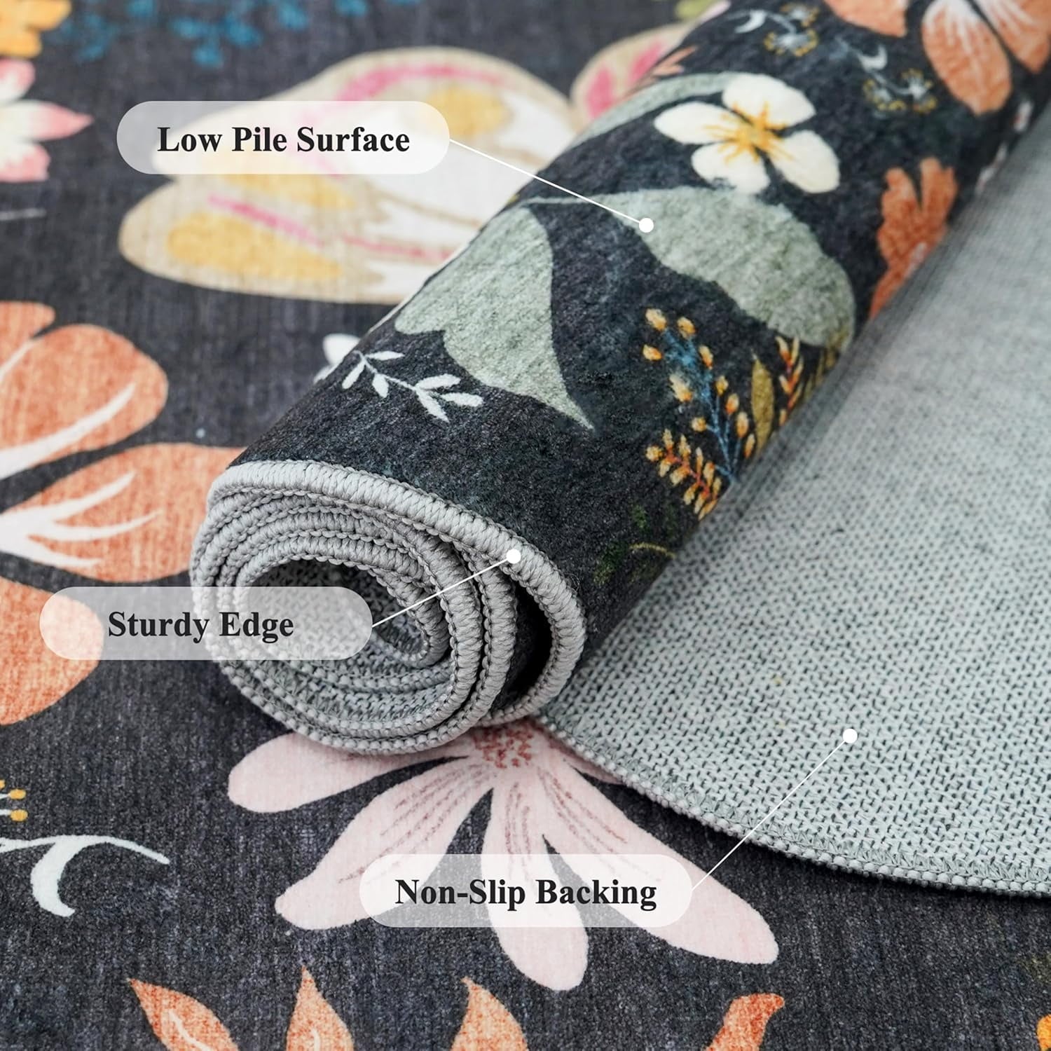 YOUFORTONG 2x6 Washable Runner Rug, Non Slip Floral Vintage Scalloped Low Pile Carpet, Stain Resistant Soft Thin Rug for Entryway Kitchen Laundry Bedroom Bathroom,Black