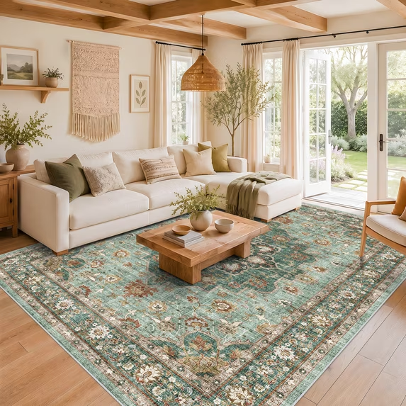 YOUFORTONG 5x7 Washable Vintage Boho Area Rug,Stain Resistant Non-Slip Soft Floral Carpet for Living Room Bedroom Farmhouse Office, Beige