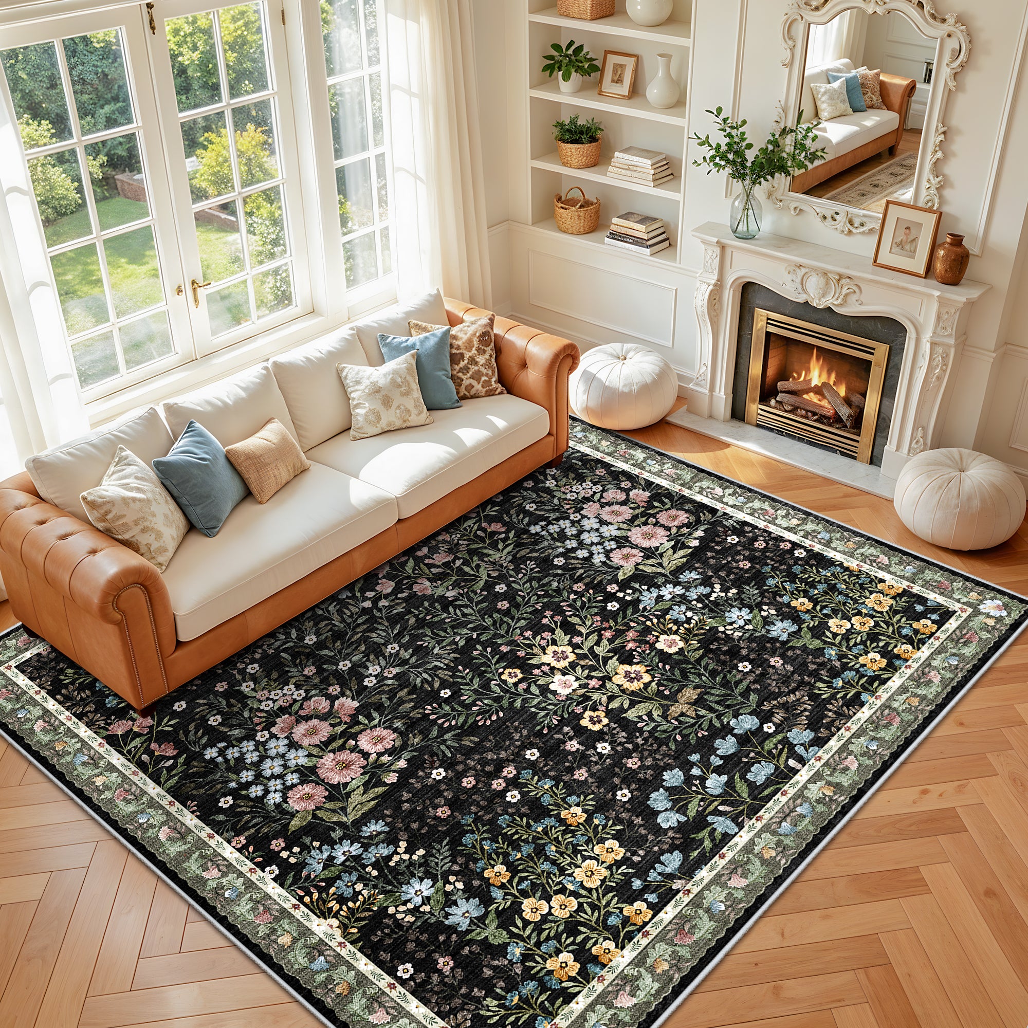 YOUFORTONG 3x5 Washable Entryway Rug Non-Slip Floral Boho Vintage Area Rug for Living Room Kitchen Bedroom Soft Thin Indoor Door Mat Carpet,Black