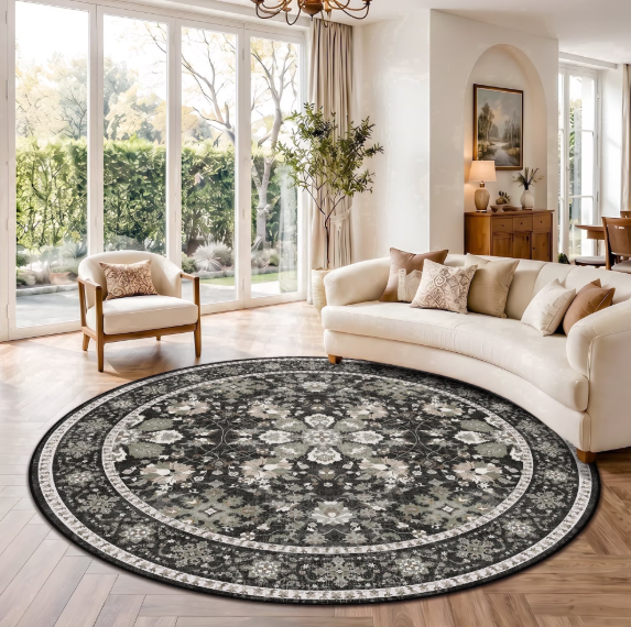 YOUFORTONG 6'x6' Round Area Rug, Low‑Pile Washable Soft Stain‑Resistant TPR Backed Floor Mat for Dining Room Entryway Bedroom, Blue